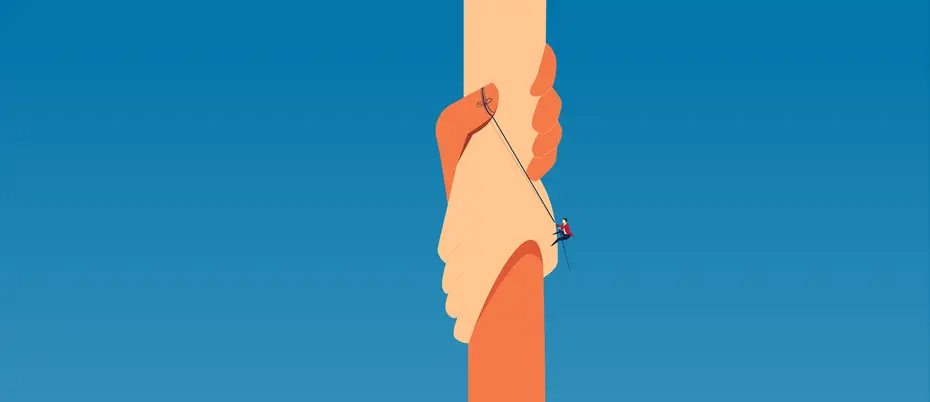 image of two hands grasping each other, one person giving another a hand up