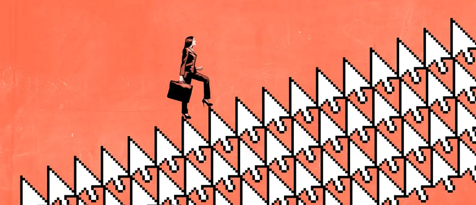 Woman in a suit climbing up a hill made of mouse cursor symbols