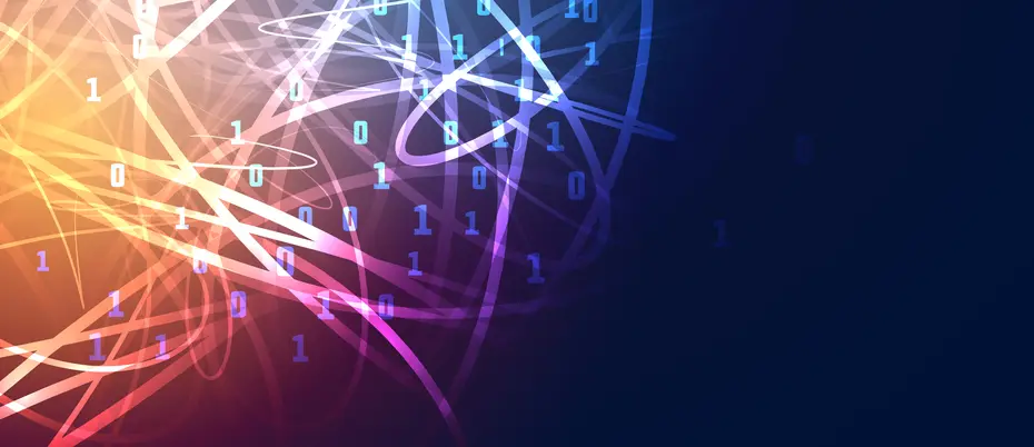 Colorful lines of light passing through zeros and ones.