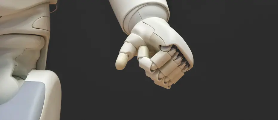 Image of white robotic hand on black background.