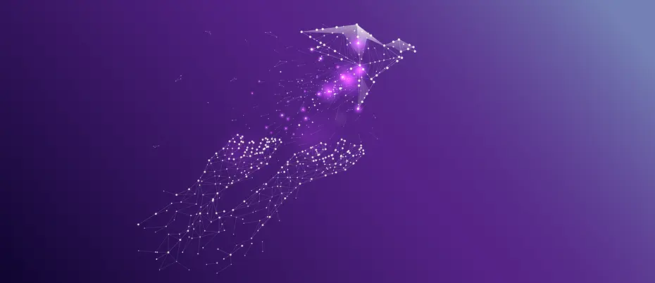 Finch flying out of hands created by light connecting dots