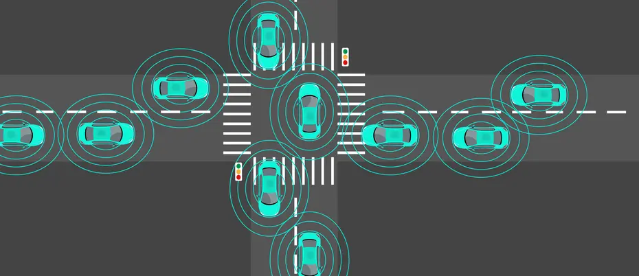 Automated vehicles driving on a roadway.