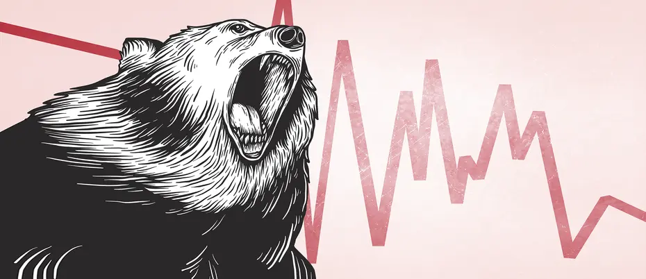 image of a roaring bear next to a jagged red line indicating a volatile stock market