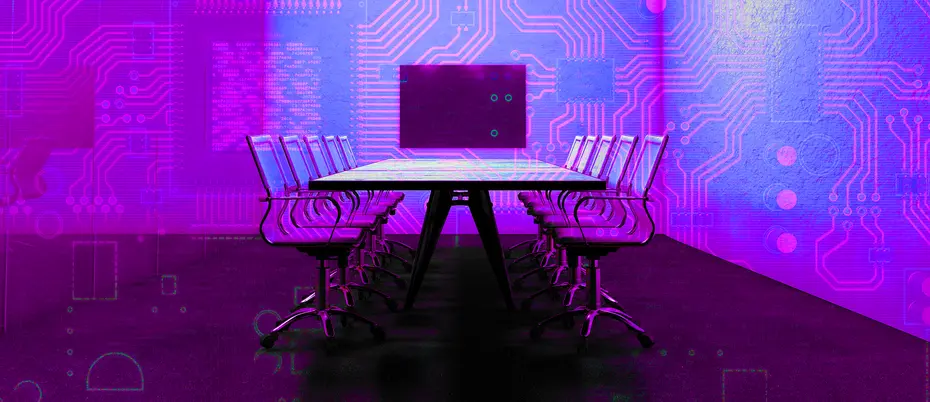 A corporate board room with digital circuitry running along the walls.