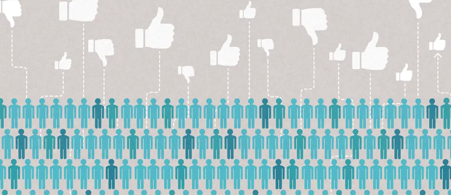 Illustration of crowd of people giving online thumbs up or down