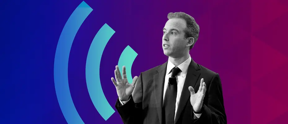 a black and white image of frederic kerrest speaking over an audio symbol