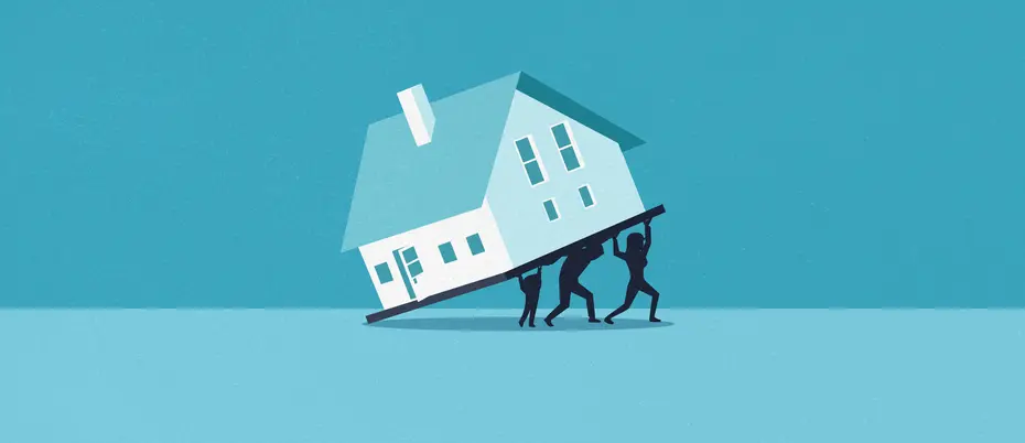 Three silhouetted people holding up a house