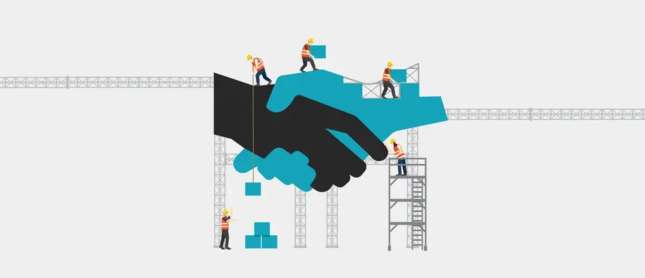 illustration of two hands shaking while workers load and transfer boxes on them