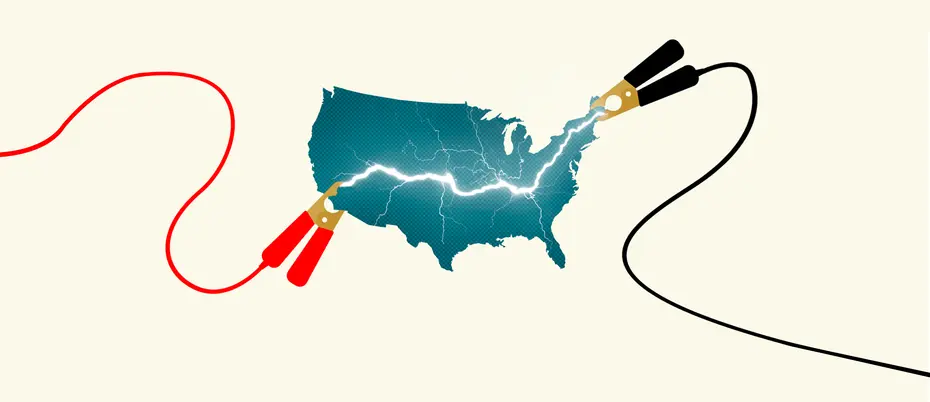 An illustration of jumper cables attached to the United States, signifying a jumpstart to American development.
