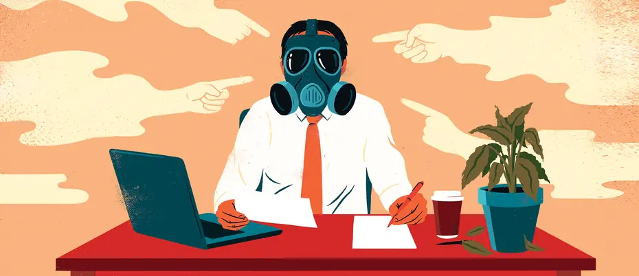 Illustration of an employee wearing a gas mask in a toxic workplace. Gas vapors are in the shape of pointing fingers.