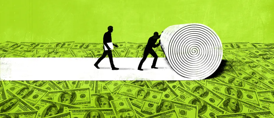 silhouettes of two people roll out a carpet of dollar bills