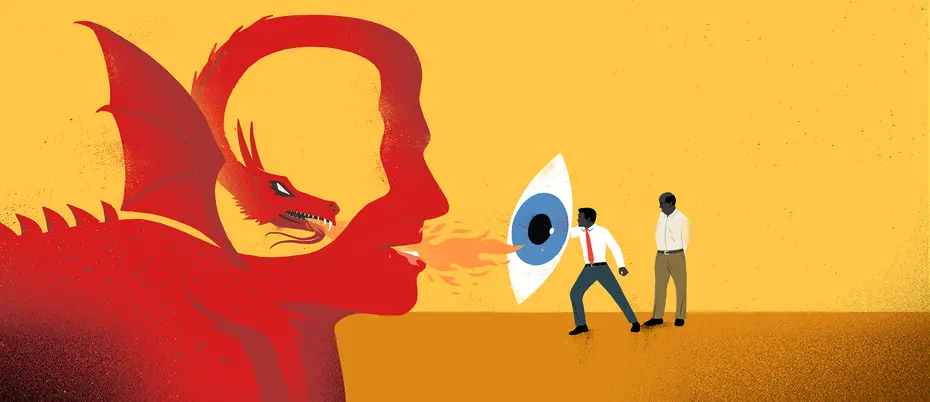 two business employees pushing back with a shield against a dragon breathing fire on them