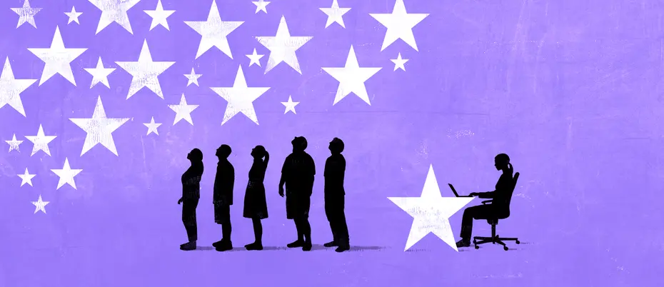 Illustration of a group of employees being distracted by stars, while one employee diligently works at a desk made of a star.