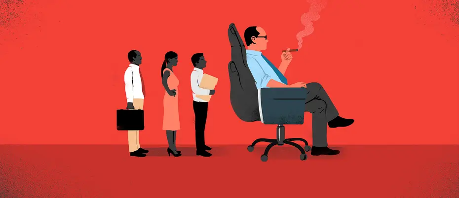 An executive in a chair shaped like a hand smoking a cigar and ignoring his employees.