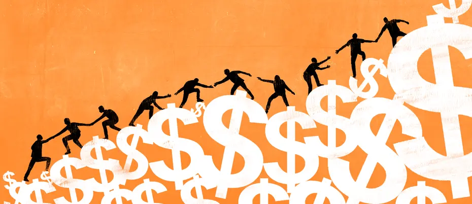 people in silhouette helping one another climb up a mountain of dollar bill signs