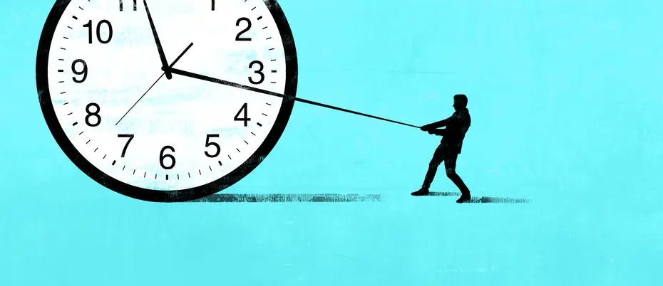 person tugging on the elongated minute hand of a giant clock, dragging it toward them