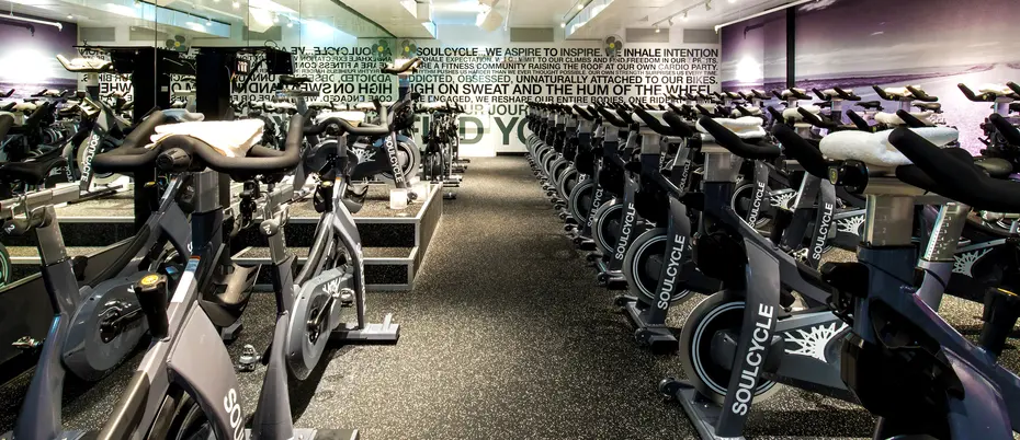 photograph of an indoor cycling studio