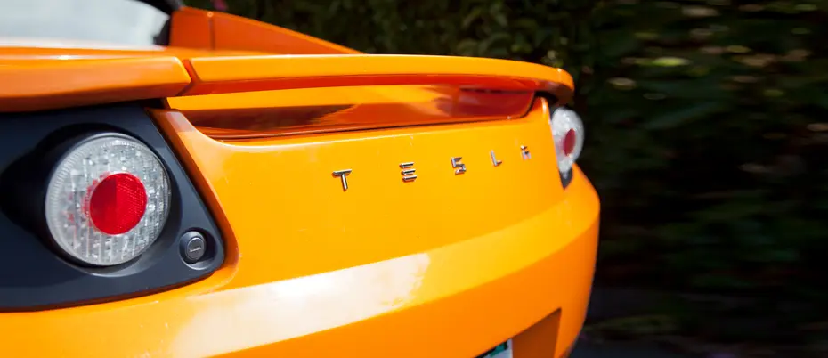 The rear bumper of a Tesla Roadster.