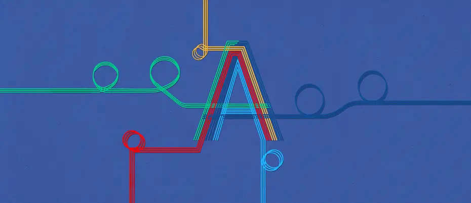 a styled capital A with curlicues of different colors intersecting around it