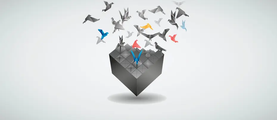 a gray cube breaks apart at the top to become colorful birds flying away