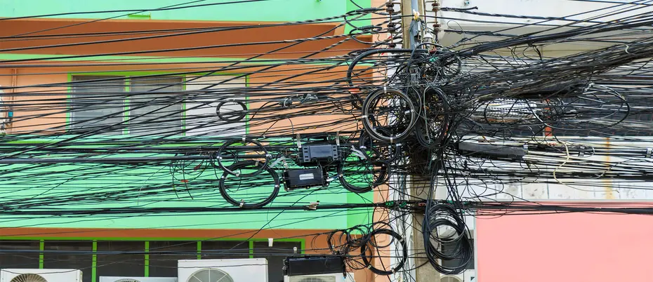 Tangled electric utility lines.