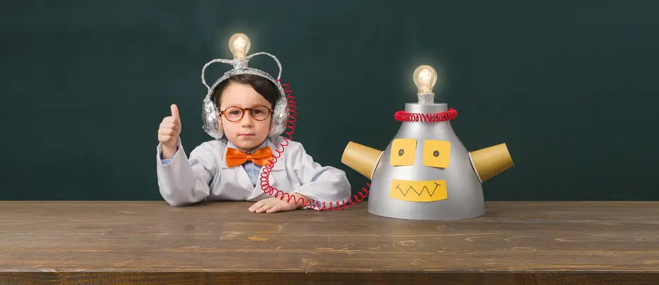 child giving thumbs-up sign sitting next to a rudimentary robot, both with lightbulbs on their heads