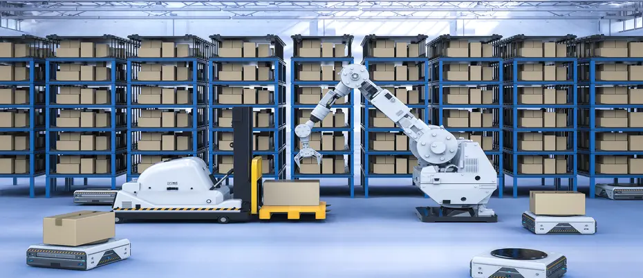 a large warehouse with various robots moving goods around