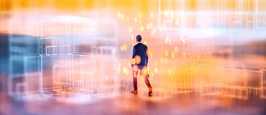 Businessman walks into abstract numbers illustration