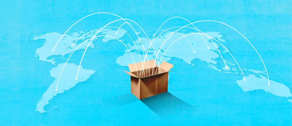 Illustration of open cardboard box with connections to various points on world map