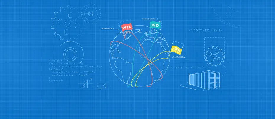 Illustration of a blueprint of a globe and technological innovation