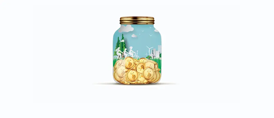 terrarium jar with coins, plants, blue sky and white clouds