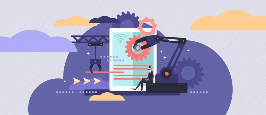 business worker with laptop surrounded by robotic devices