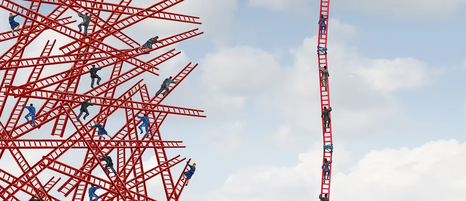 An illustration of workers trying to climb ladders.