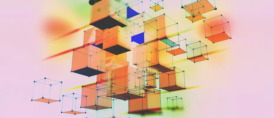 An illustration of a very colorful, abstract block pattern.