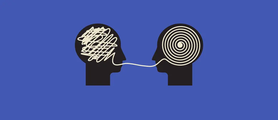 Illustration of minds understanding and decoding a problem, face to face.