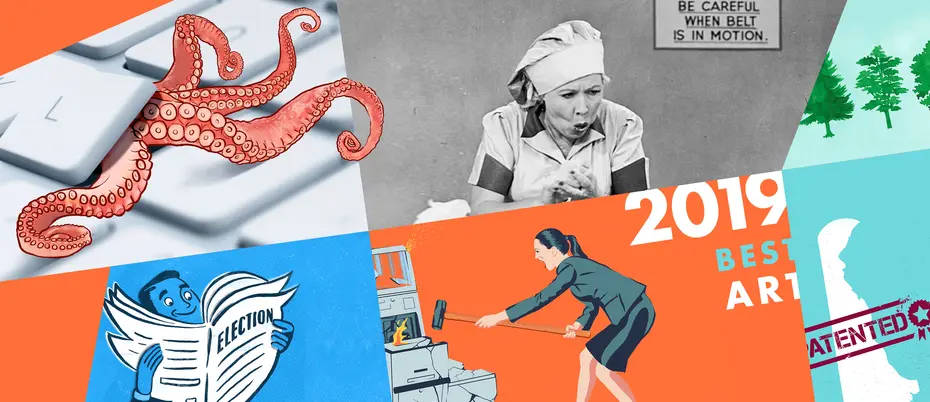 A composite illustration of illustrations, including an octopus climbing out from inside a keyboard, Lucy from I Love Lucy, a set of trees, a man reading a news paper, a woman destroying a self-checkout machine, and the state of Delaware.
