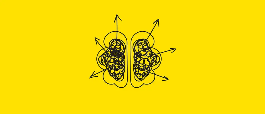 an illustrated brain with arrows pointing out in opposite directions