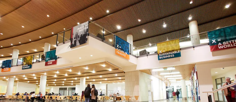 Photo of E62 building lobby with new 2019 slogan banners.