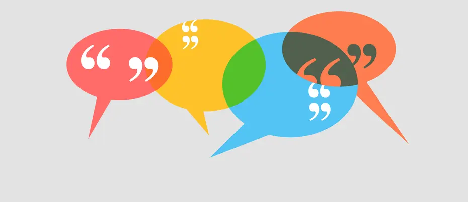 four conversation bubbles with quotation marks in each