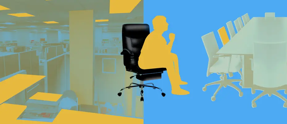 illustration of a man sitting in a chair between a split-screen of an office and conference room