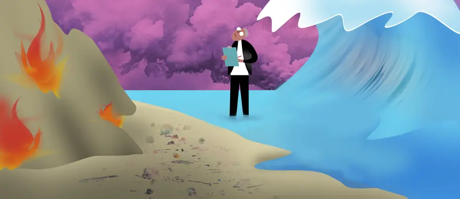 Policymaker holding papers amid a flood, fire, and polluted skyline