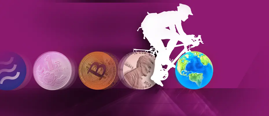 person in profile riding a bicycle with wheels made of various coin currencies