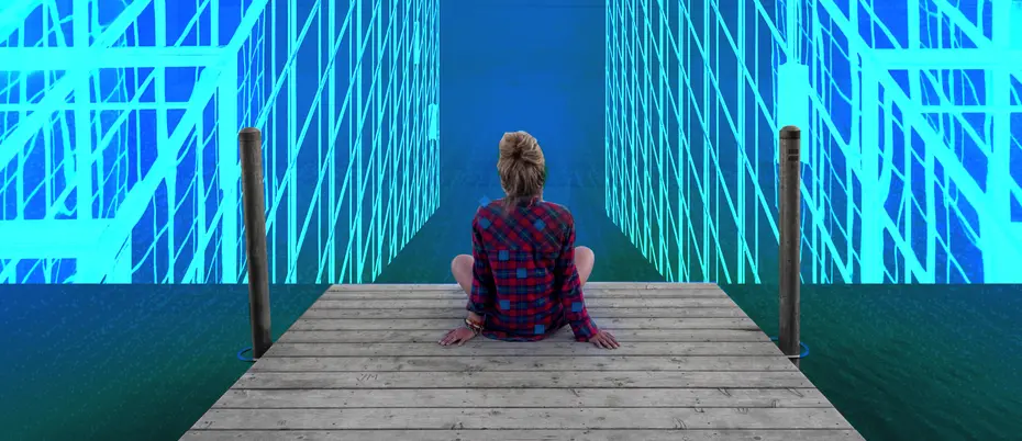 woman sitting on platform with tech background