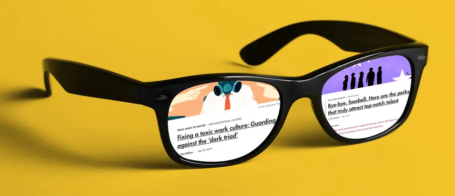 Illustration of two online articles seen in glasses lenses