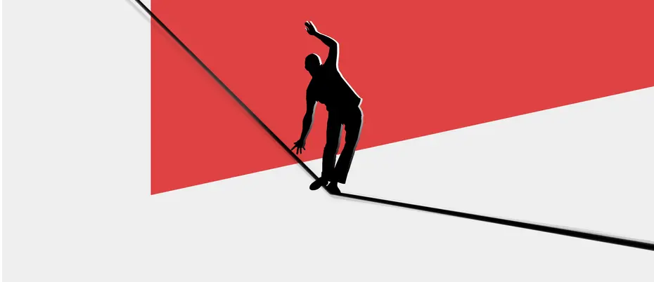 An illustration of a person balancing precariously on a tightrope, representing a careful ethical balance.