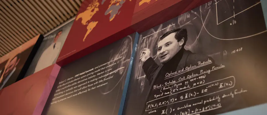 MIT Sloan Building E62 lobby wall image featuring Robert Merton.