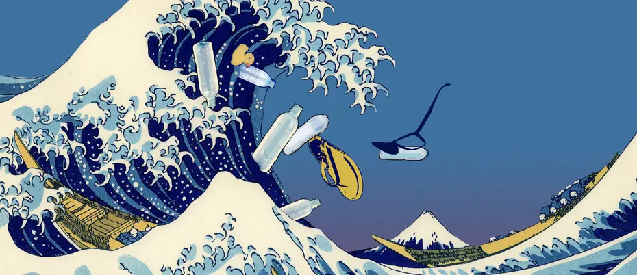 ocean wave in the style of a Japanese woodcut with plastic debris
