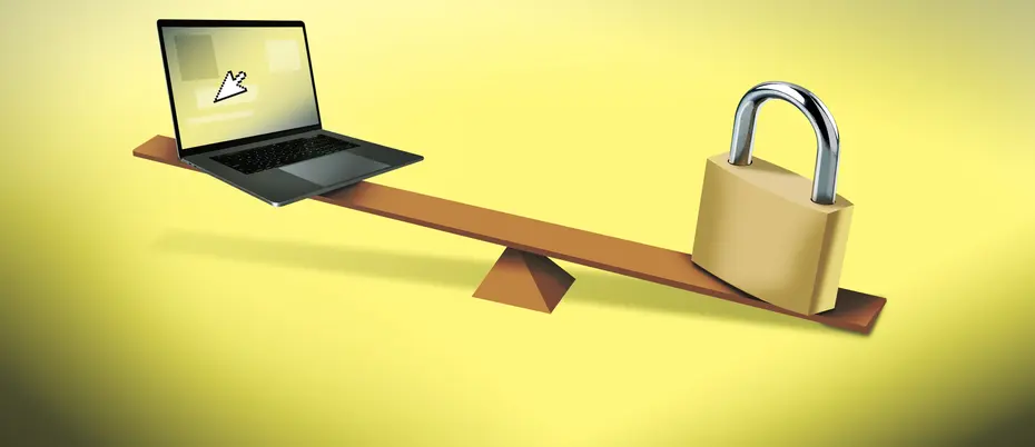 Illustration of teeter totter with laptop and lock 