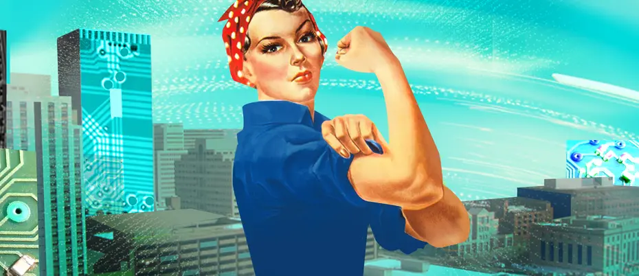 Rosie the Riveter in front of a modern urban office complex