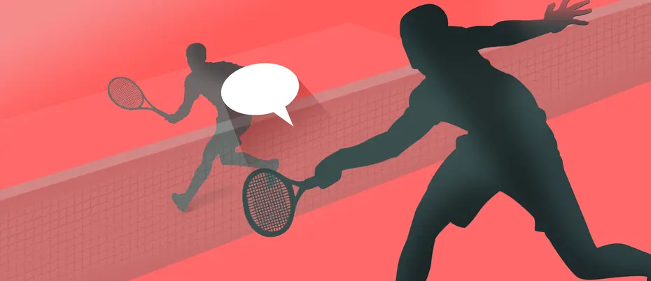 two tennis players batting a conversation bubble over the net